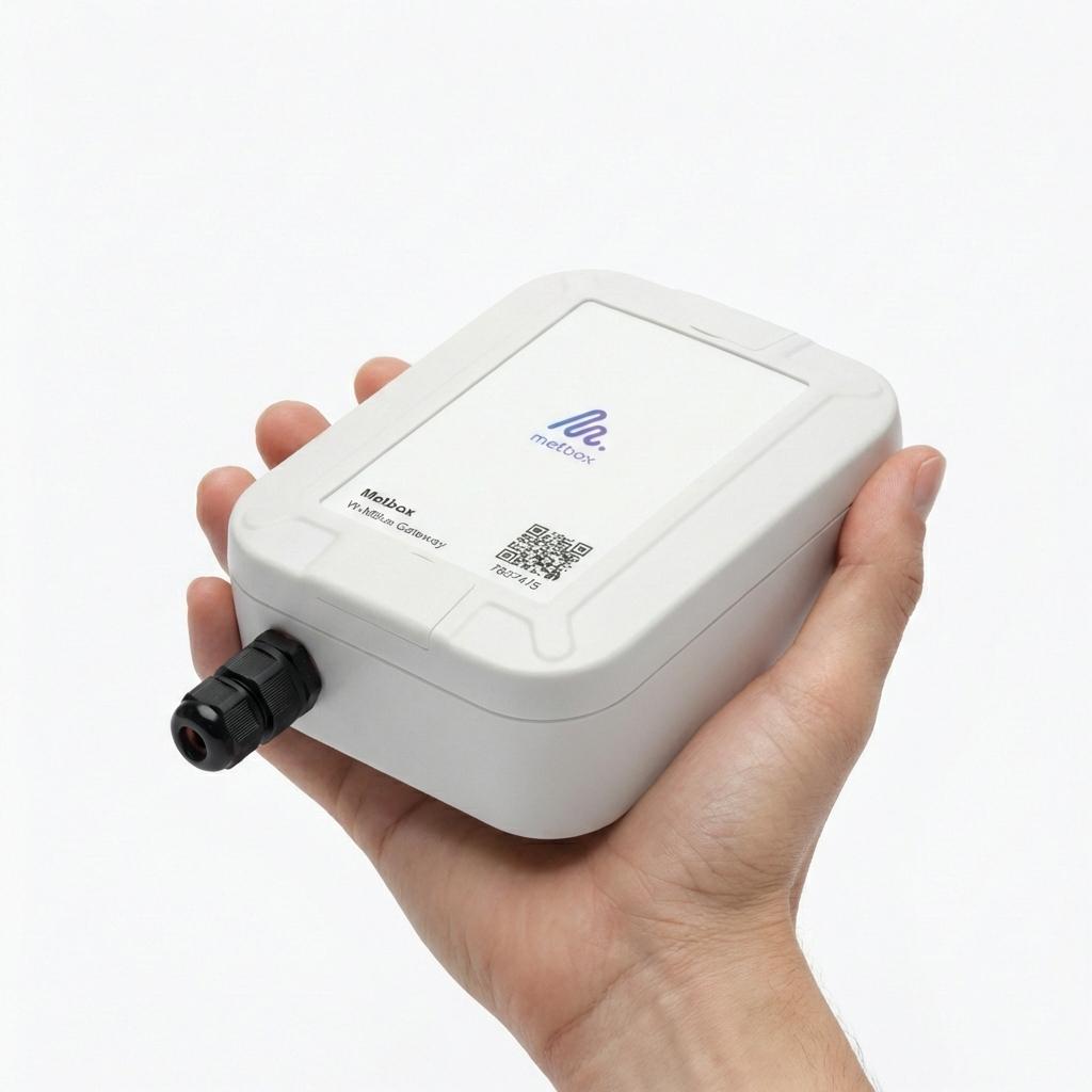 Metbox wM-Bus Gateway 230V · held in hand for scale